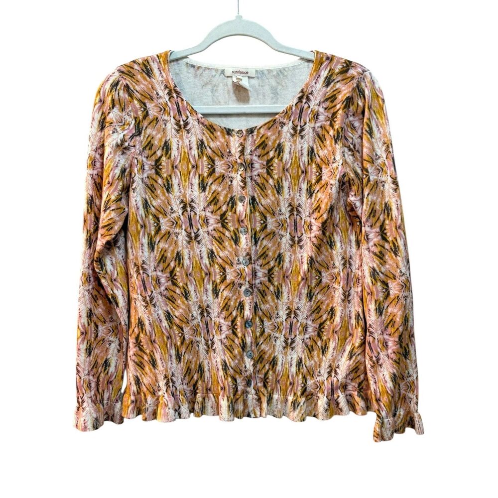 Sundance Sweater Womens Medium Pink Yellow Feather Print Button Front Cotton - Picture 2 of 6